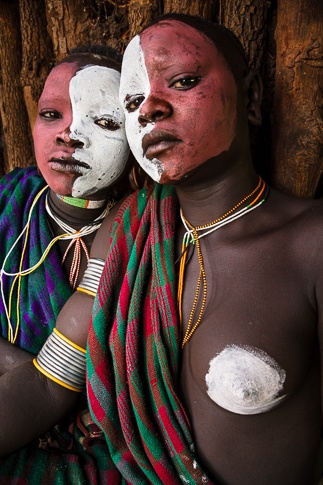 Red and White Painted Faces, Suri Tribe by John Rowe